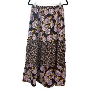 Womens Tiered Bohemian Maxi Skirt With Floral Print Elastic Waist Size L